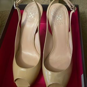 Vince Camuto open toe patent nude platforms